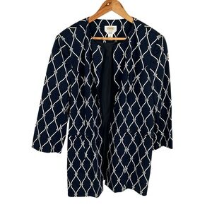 Talbots Navy White Geometric Print‎ Open Front Blazer Jacket  Size 16 Stretch